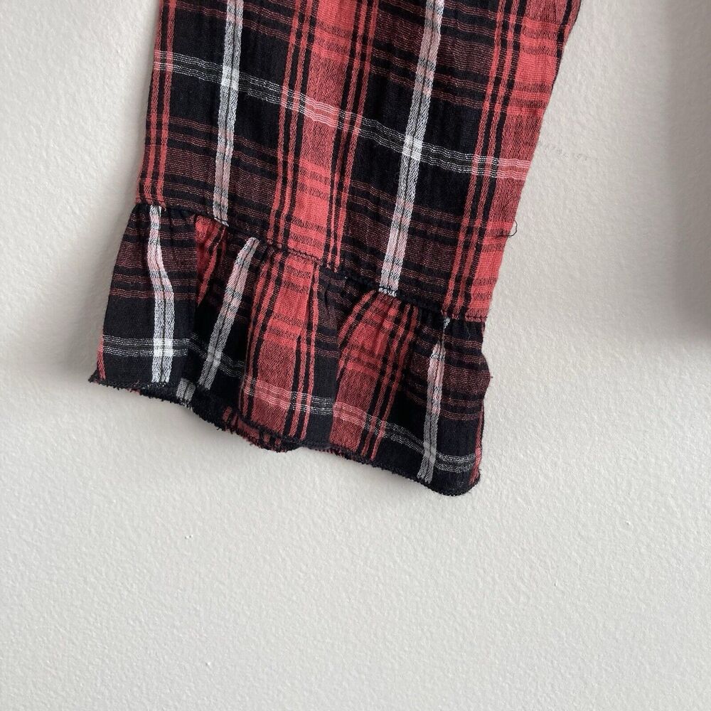 Free People Nicole Smocked Plaid Top Red Black Cropped Open Back Size Medium - Picture 6 of 11